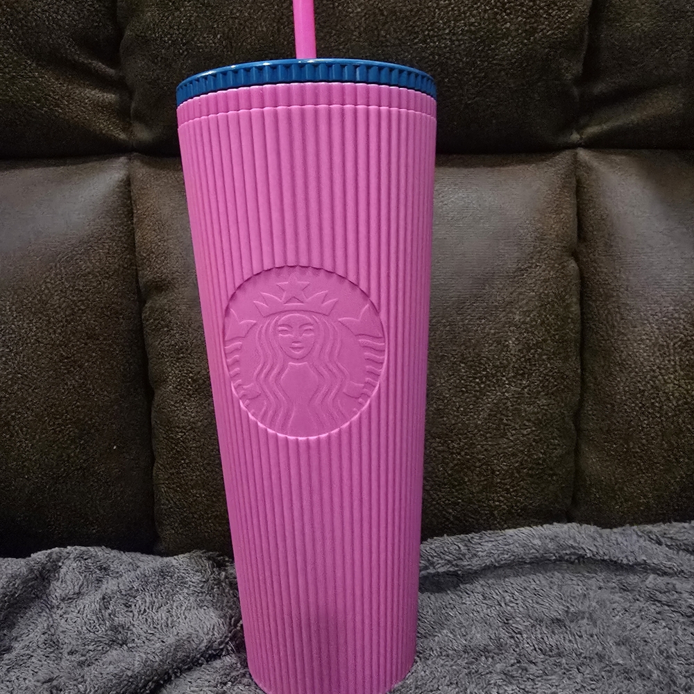 Starbucks Pink Ribbed Tumbler with Blue Lid